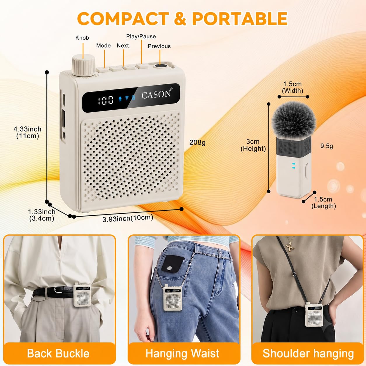 Cason Wireless Voice Amplifier for Teachers with Mic for Teaching & Speaker | Teachers Mic with Speaker Wireless for Classroom,Rechargeable Voice Amplifier with Collar Mic for Schools,Tour Guide