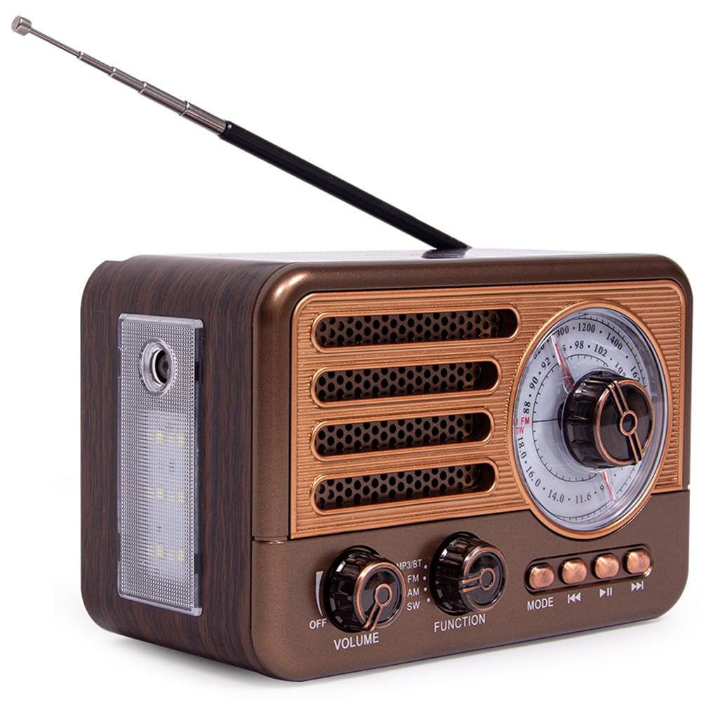 Cason FR22 Fm Radio for Home with Bluetooth Speaker,Vintage Radio with USB -Retro Radio Portable Music Player with Transistor Frequency Knob Meter,SD Card,Headphone Jack(Brown)