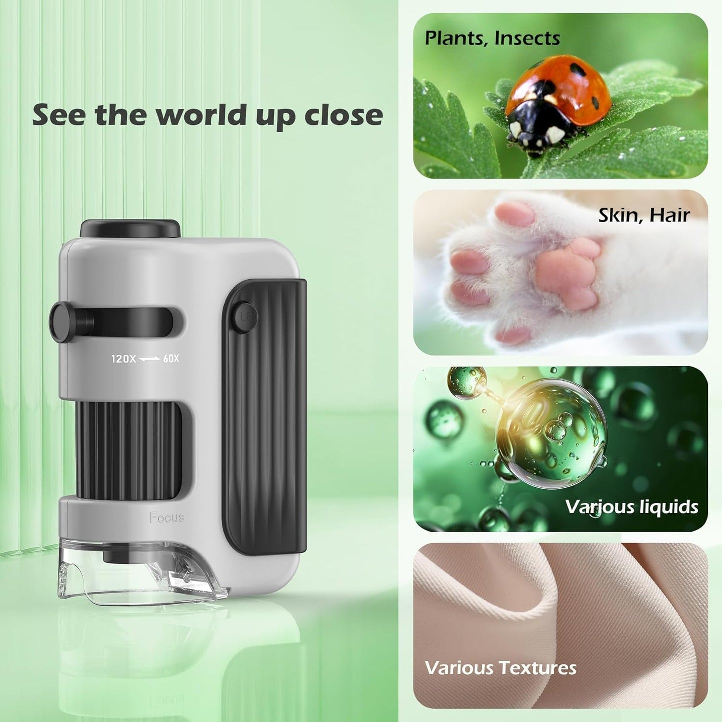 Cason Proffessional Pocket Microscope 60X-120X with 5 Prepared Slides,LED Lighted Mini Microscope for Kids, Students, Handheld Lab Microscope for Learning, Education and Science Exploration