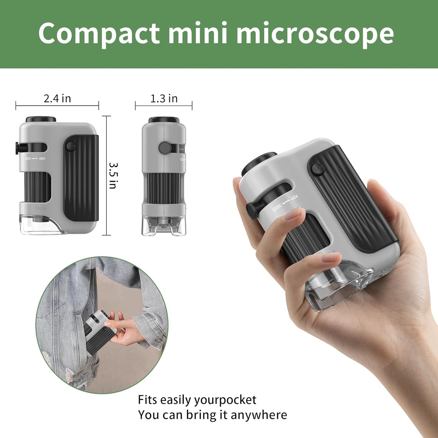 Cason Proffessional Pocket Microscope 60X-120X with 5 Prepared Slides,LED Lighted Mini Microscope for Kids, Students, Handheld Lab Microscope for Learning, Education and Science Exploration