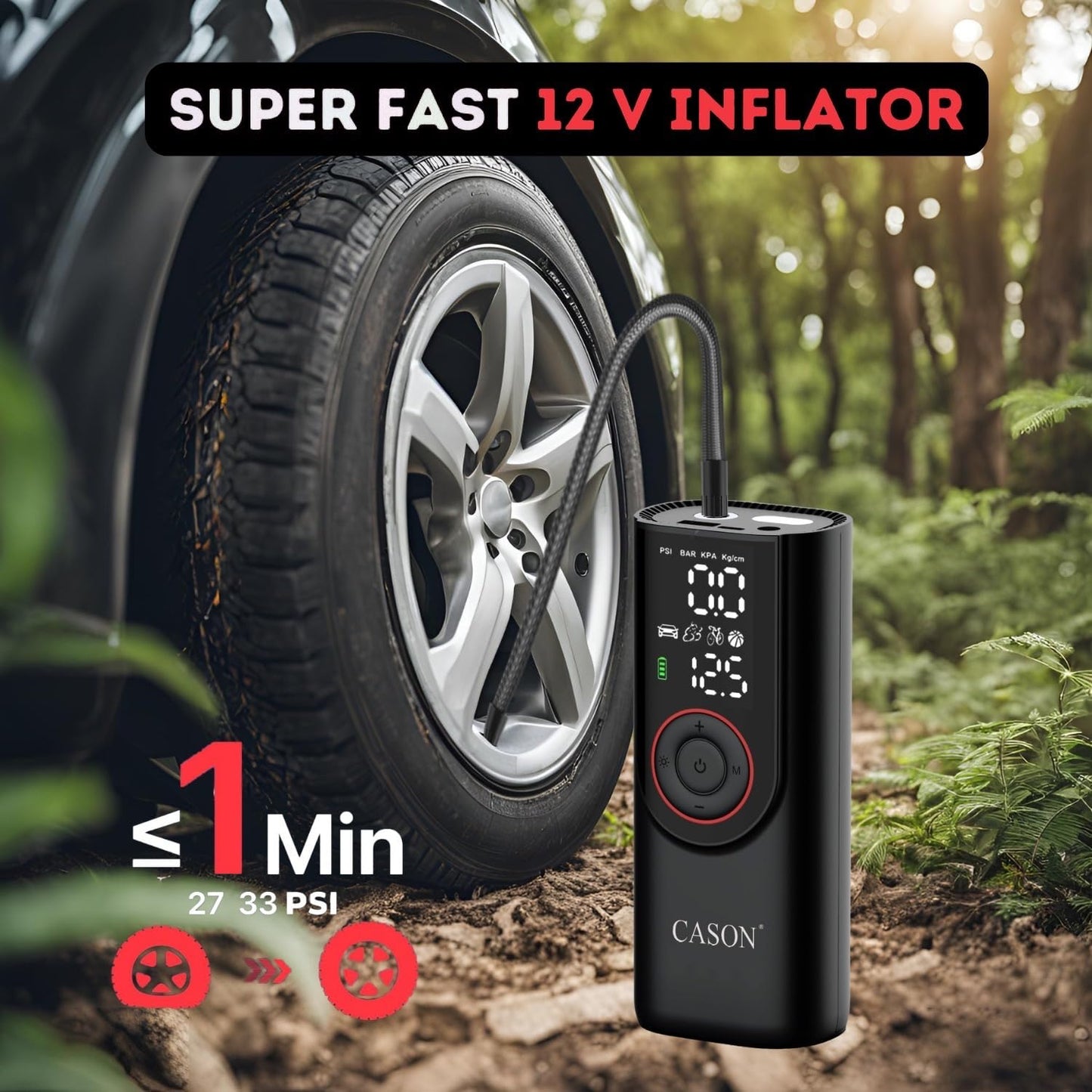 CASON 6 in 1 Tyre Inflator for Car,Bike with Car Battery Jump Starter,Vaccum Cleaner & Power Bank,3X Faster Inflation Air Inflator Pump(10,000 mAH)(Grey), 23 Liters Per Minute