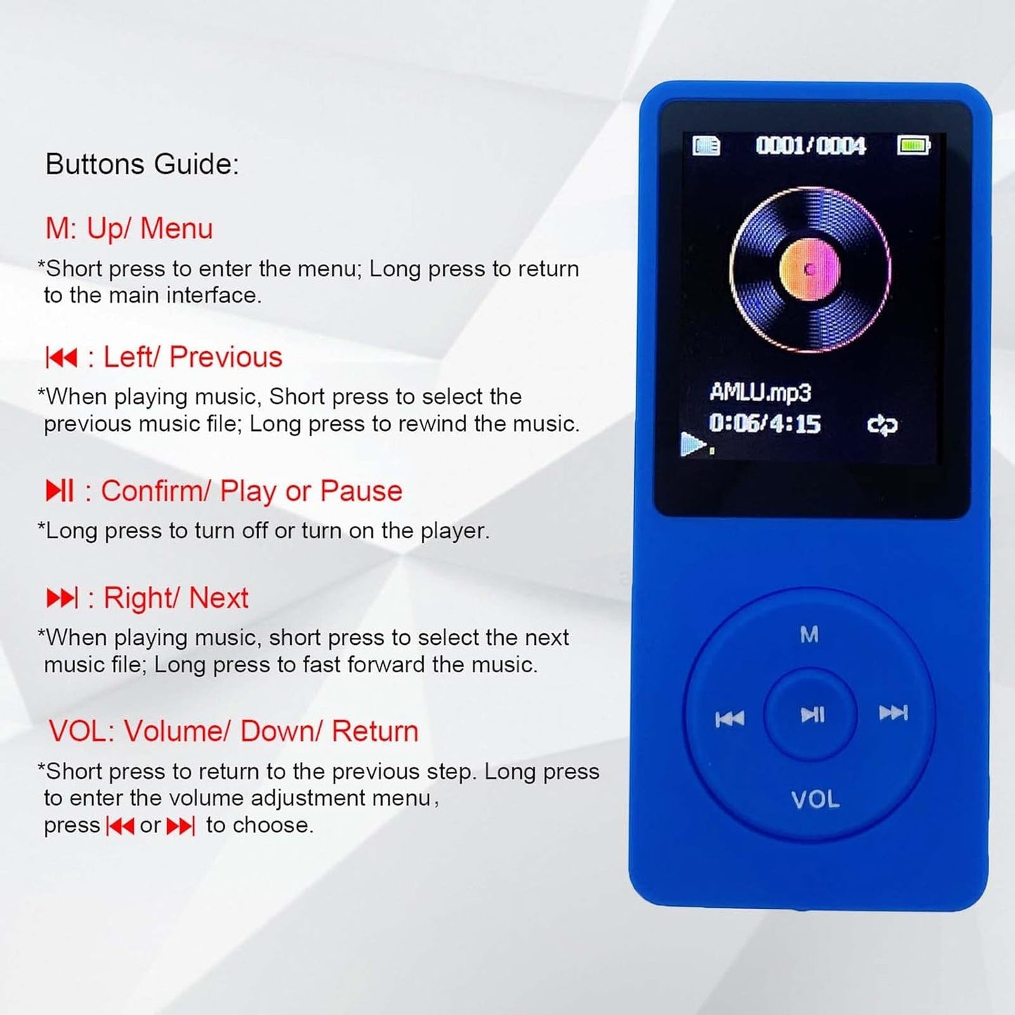 Cason 16GB Mini MP3 Music Player with Bluetooth 5.4, Video Playback,Pocket-Sized MP3 Player for Music,Voice Recording,FM Radio -Expanded Up to 128GB
