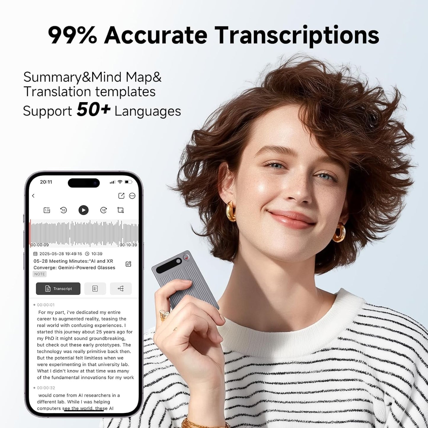Cason Smart AI Voice Recorder with APP Control, Magnetic Audio Recorder with Transcribe, Summarize & Translation, 112 Languages, 64GB Memory, Compact for Lectures, Meetings, Calls, Interview