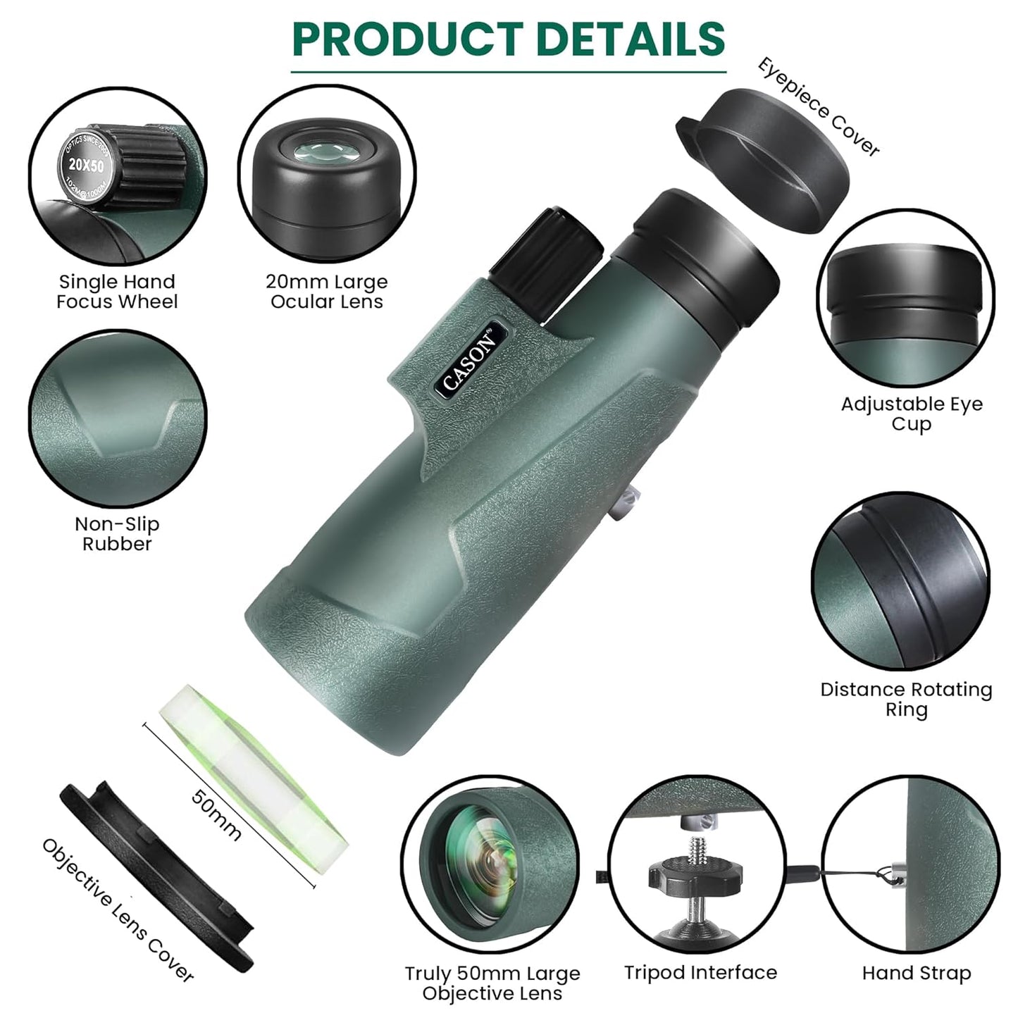 Cason -12x50 Monoculars For Long Distance,High Power Monocular Telescope For Adults & Kids With Phone Adapter,Tripod & Carry Bag With BAK4 Prism,FMC Lens,Suitable for Bird Watching,Travel(Black-Green)