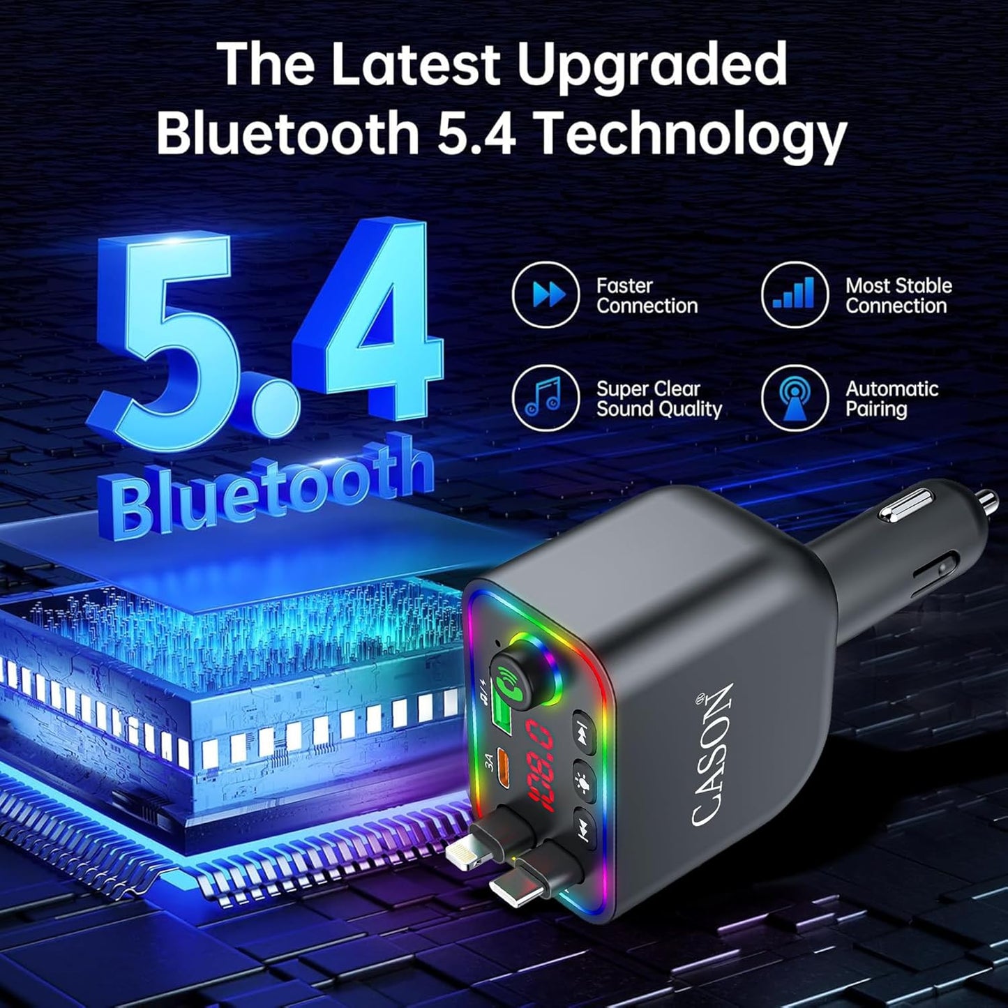 Cason Car Charger 120W Type-C Fast Charging with Bluetooth FM Transmitter- 4-in-1 Retractable Car Mobile Charger Cable with 2 USB Port, with LED Display for iPhone, Android Smartphone (Retractable)