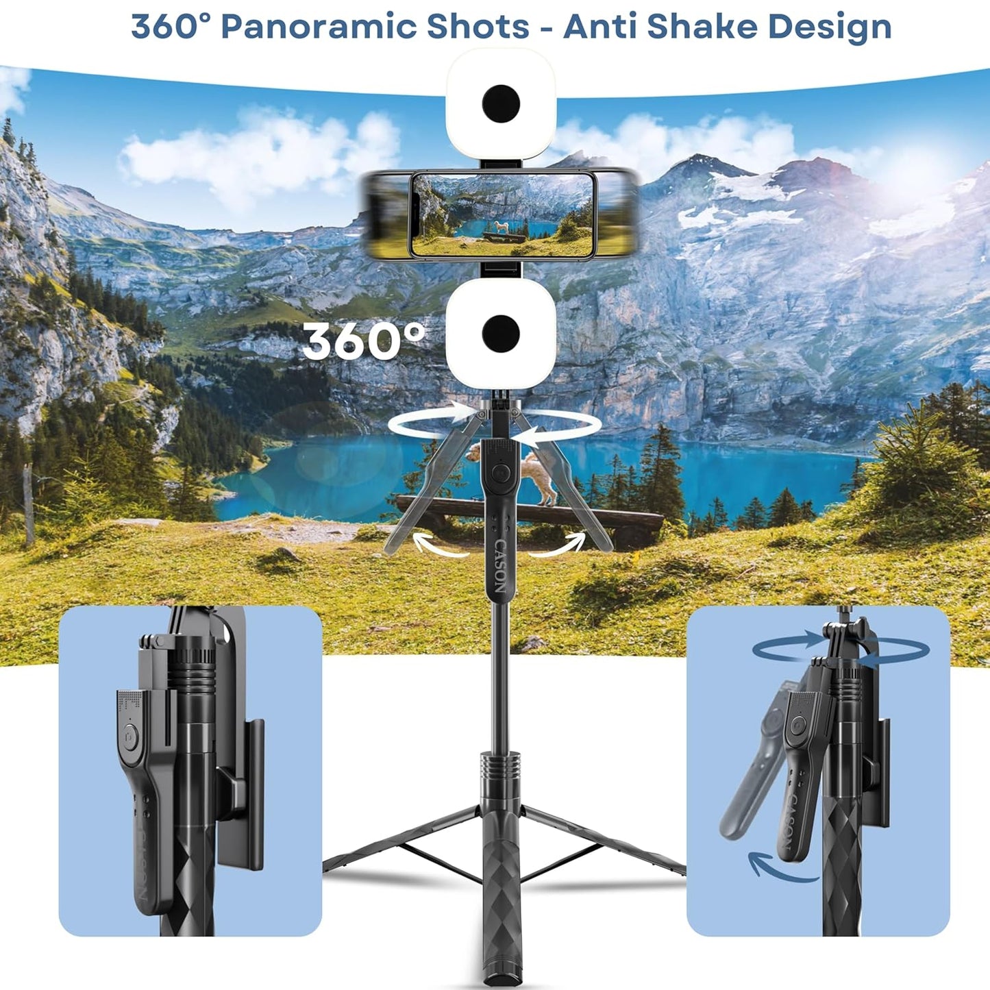 Cason Long 69 Inch Selfie Stick for iPhone & Mobile with 2 LED Lights, Portable Tripod with Bluetooth Remote- Selfie Stand for 2 Mobile Phones (Horizontal,Vertical) & Camera (Black)