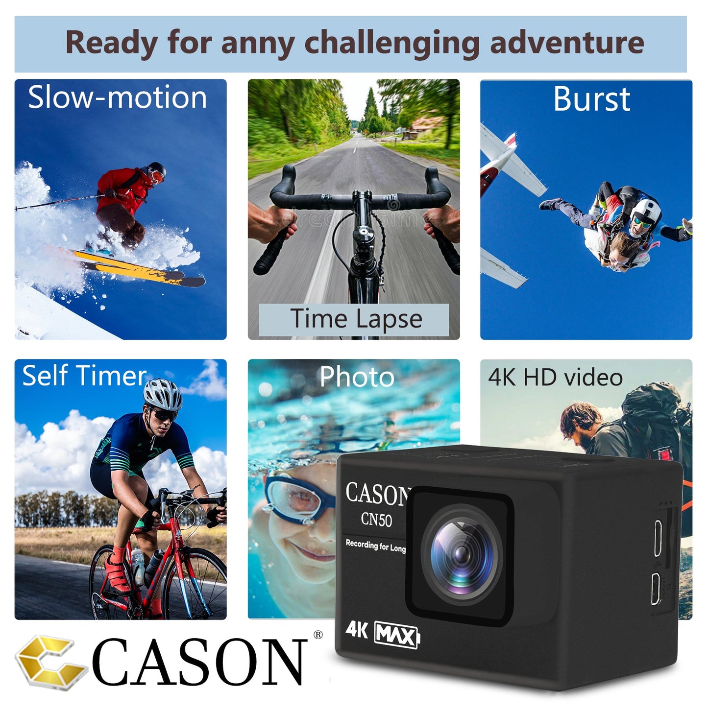 CASON CN50 Action Camera with 3000 mAh Inbuilt Battery (3-4 Hrs Work time)Video Cameras