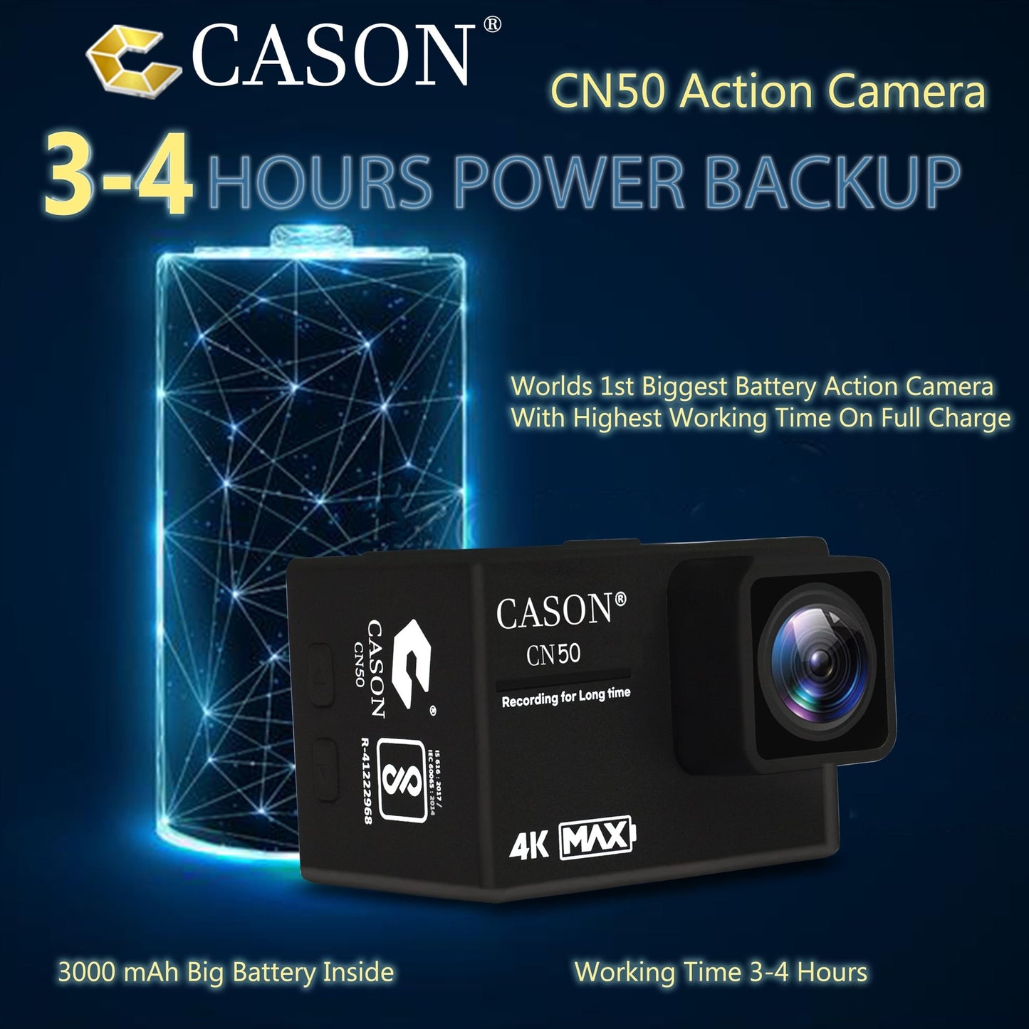 CASON CN50 Action Camera with 3000 mAh Inbuilt Battery (3-4 Hrs Work time)Video Cameras