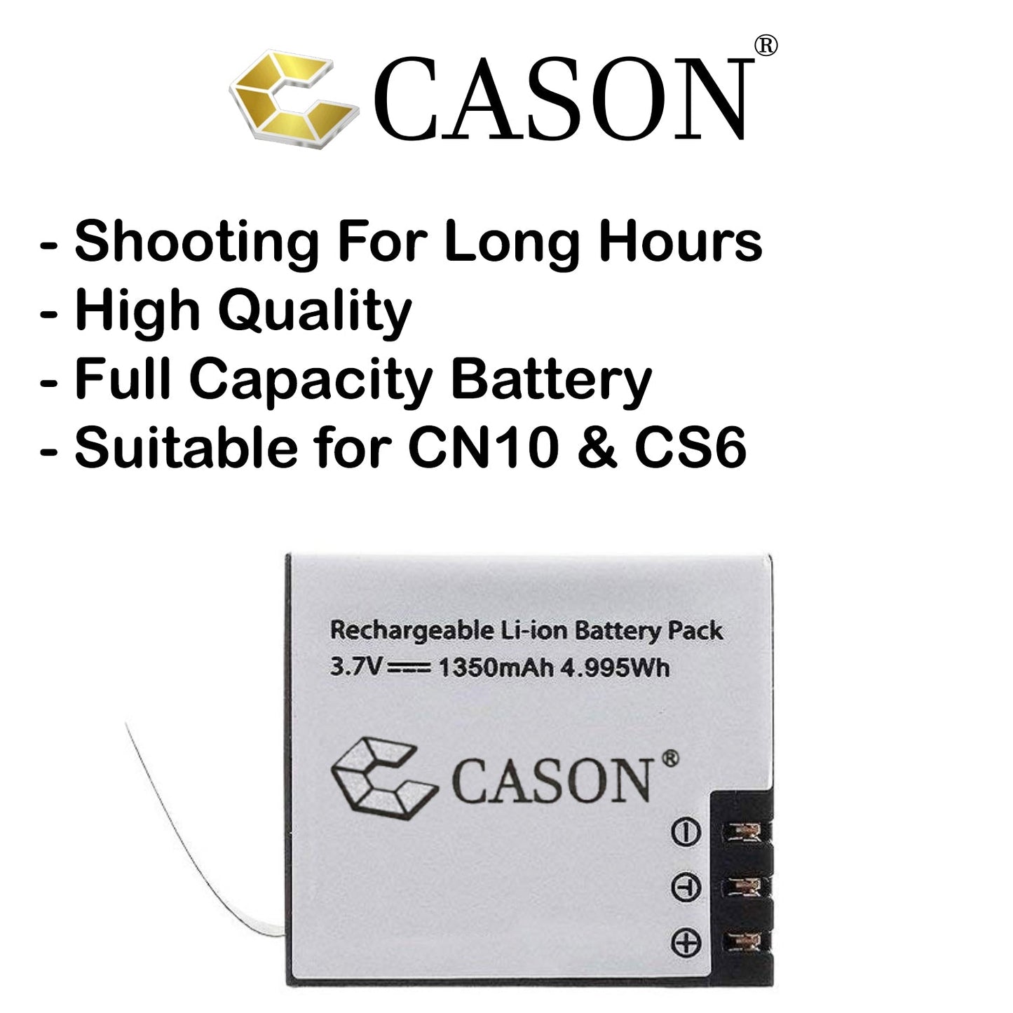 Cason - Premium 1350 mAh Li-ion Rechargeable Batteries for Cason CN10 & CS6Action Camera Accessories
