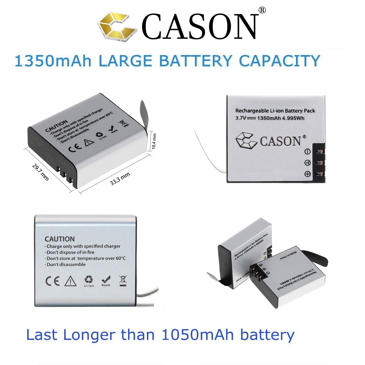 Cason - Premium 1350 mAh Li-ion Rechargeable Batteries for Cason CN10 & CS6Action Camera Accessories