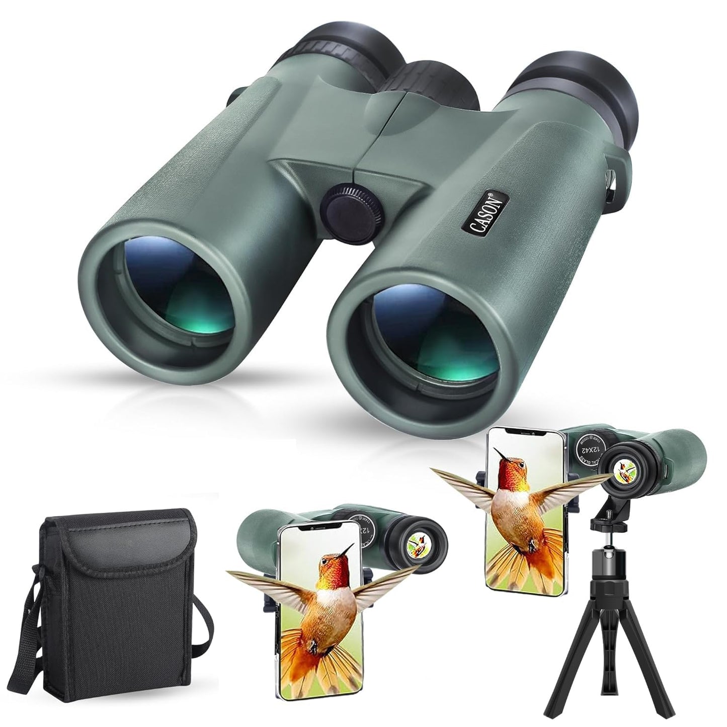 Cason -Binoculars For Long Distance,Ultra HD Binoculars For for Bird Watching,Wildlife,Safari With Phone Adapter & Tripod | Range 2000 Meter, | Zoom 12x42 | Wide Eye peice | Bright BAK 4 Glass (Green)