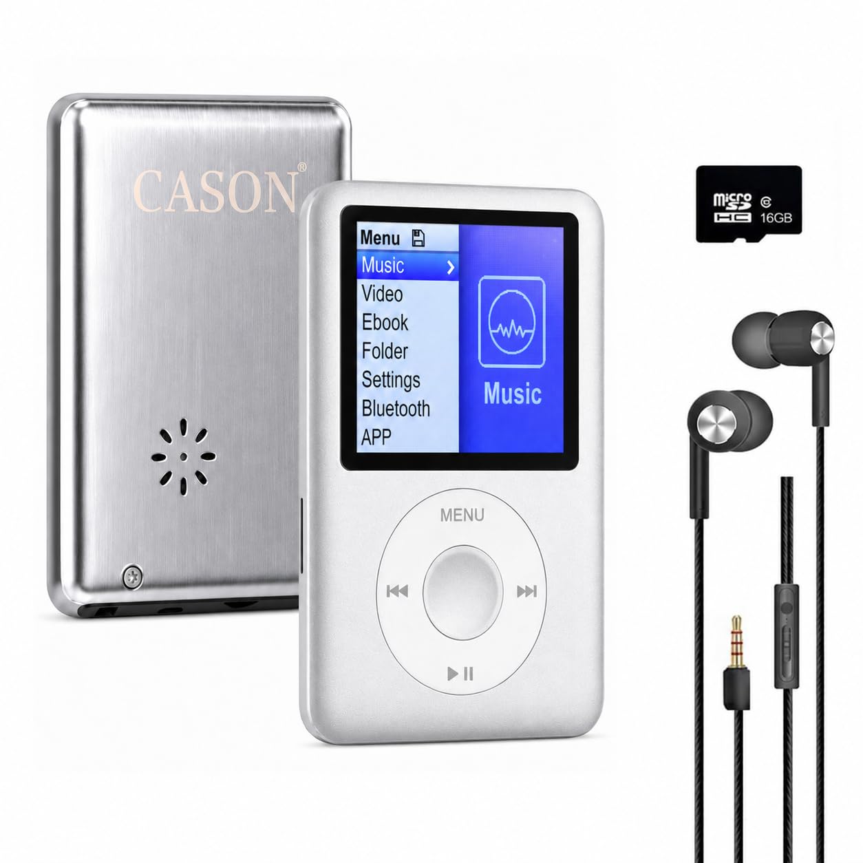 Cason 16GB Mini MP3 Music Player with Bluetooth & Voice Control Earphones, Video Playback,Pocket-Sized MP3 Player for Music,Voice Recording,FM Radio,E-Book Reader -Expanded Up to 128GB