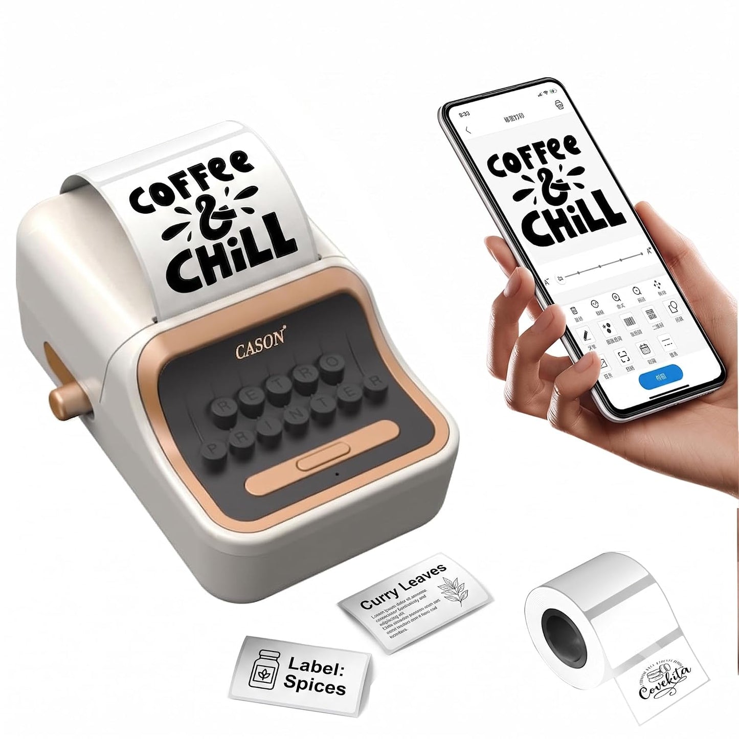 CASON Mini Label Printer Machine | Vintage Thermal Label Maker for Home, Office, Storage, Packaging & Small Business, Bottle Label Machine,30-52mm Label Adjustable Paper