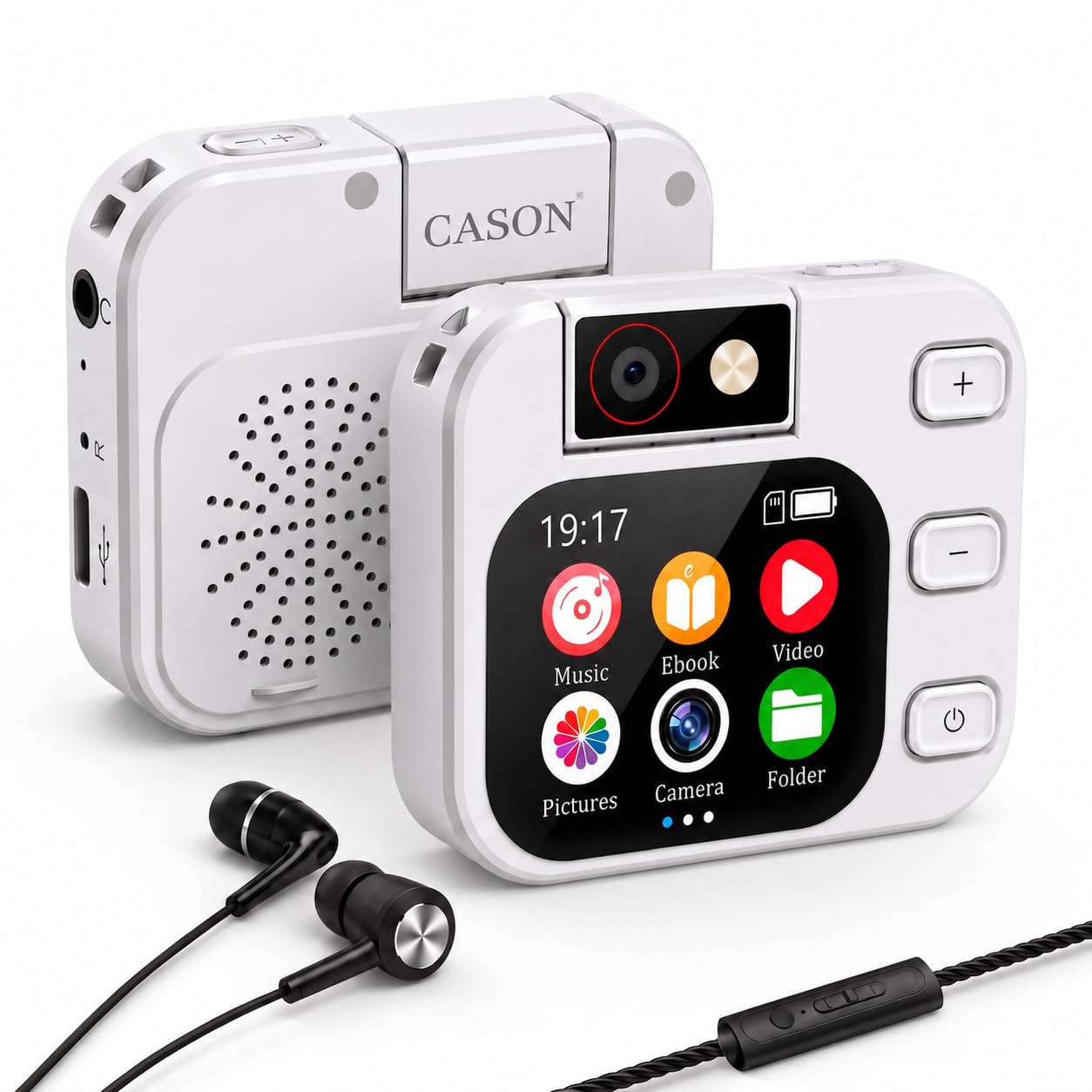 Cason Mini MP3 Music Player with Bluetooth & 180° Rotating Mini Camera,Touch Screen Audio Player with Built-in Speaker, Pocket-Sized MP3 Player with FM Radio,E-Book -Expanded Up to 128GB (White)