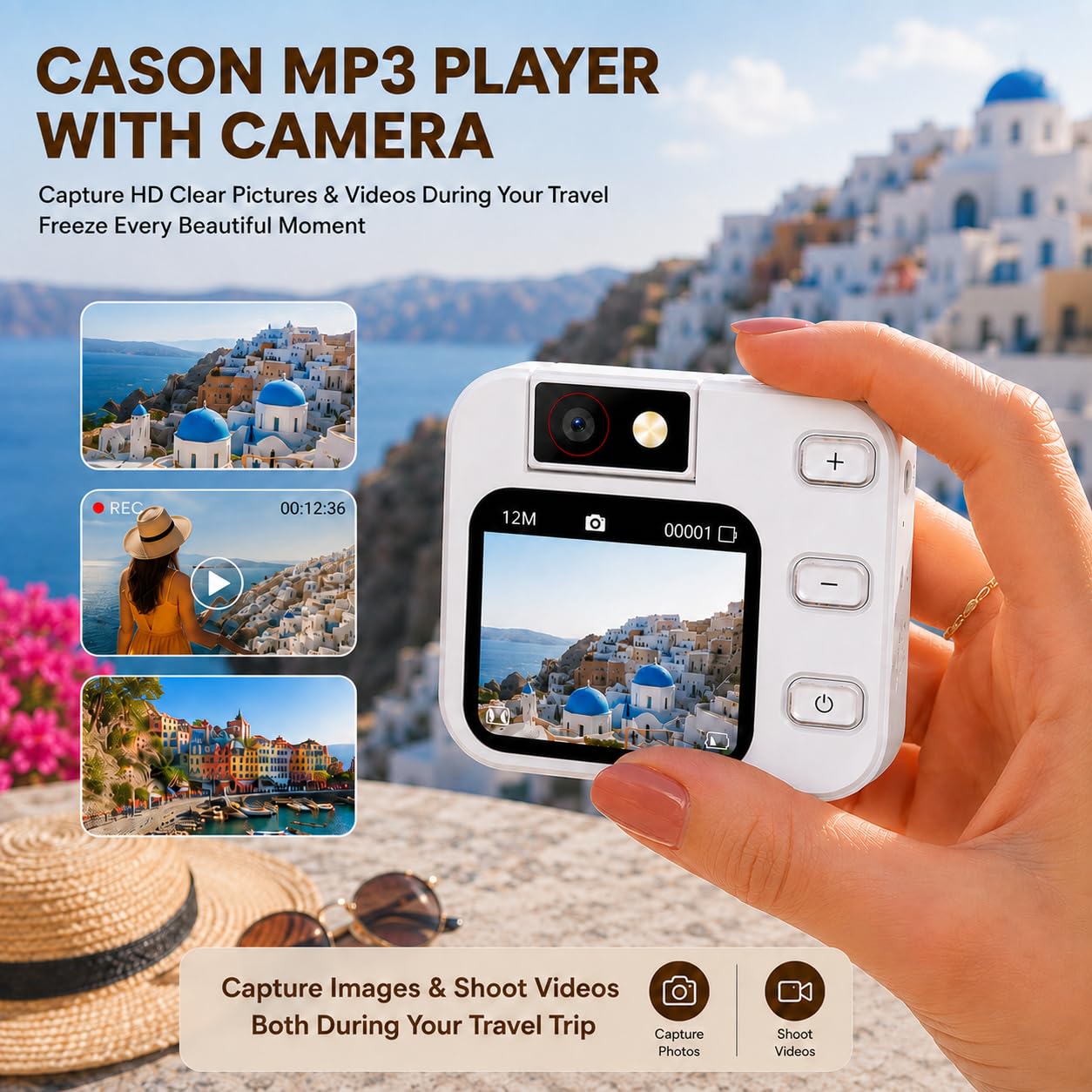 Cason Mini MP3 Music Player with Bluetooth & 180° Rotating Mini Camera,Touch Screen Audio Player with Built-in Speaker, Pocket-Sized MP3 Player with FM Radio,E-Book -Expanded Up to 128GB (White)