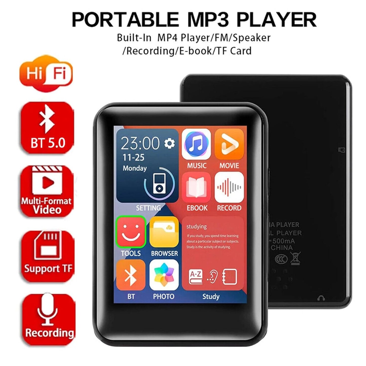 Cason Mini MP3 Music Player with,2.4 Inch Full Touch Screen, Bluetooth 5.0,Audio Player with HiFi Music,Video Playback,Pocket-Sized MP3 Player with FM Radio