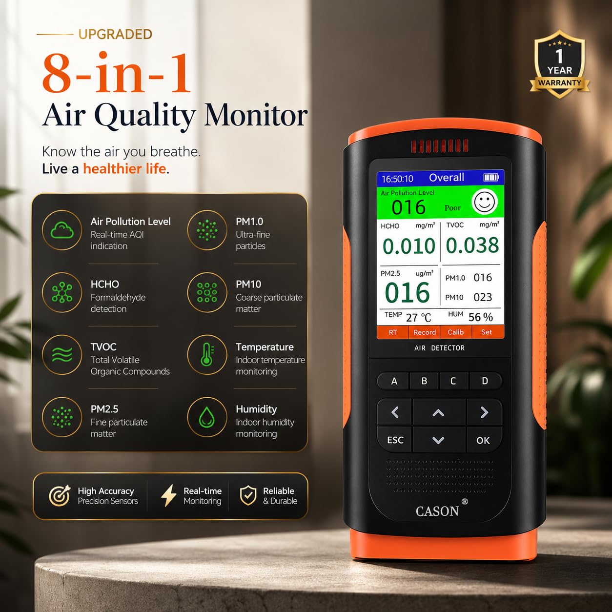 Cason Digital Air Quality Monitor for Home with App, AQI Meter with Real-Time PM2.5 Sensor, Temperature & Humidity Display, Indoor Air Quality Meter, Pollution Measuring Device