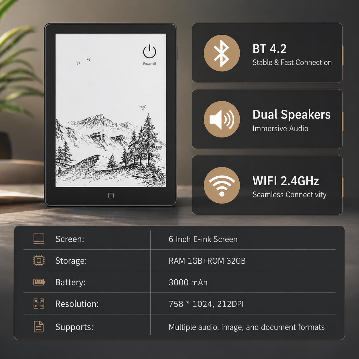 Cason E8- E-Reader Tablet with Black E-Ink Display with Adjustable Back Light –6 inch Portable Glare-Free Ebook Reader, Built-in Speaker, WiFi,Long Lasting Battery(32 GB Internal Memory)