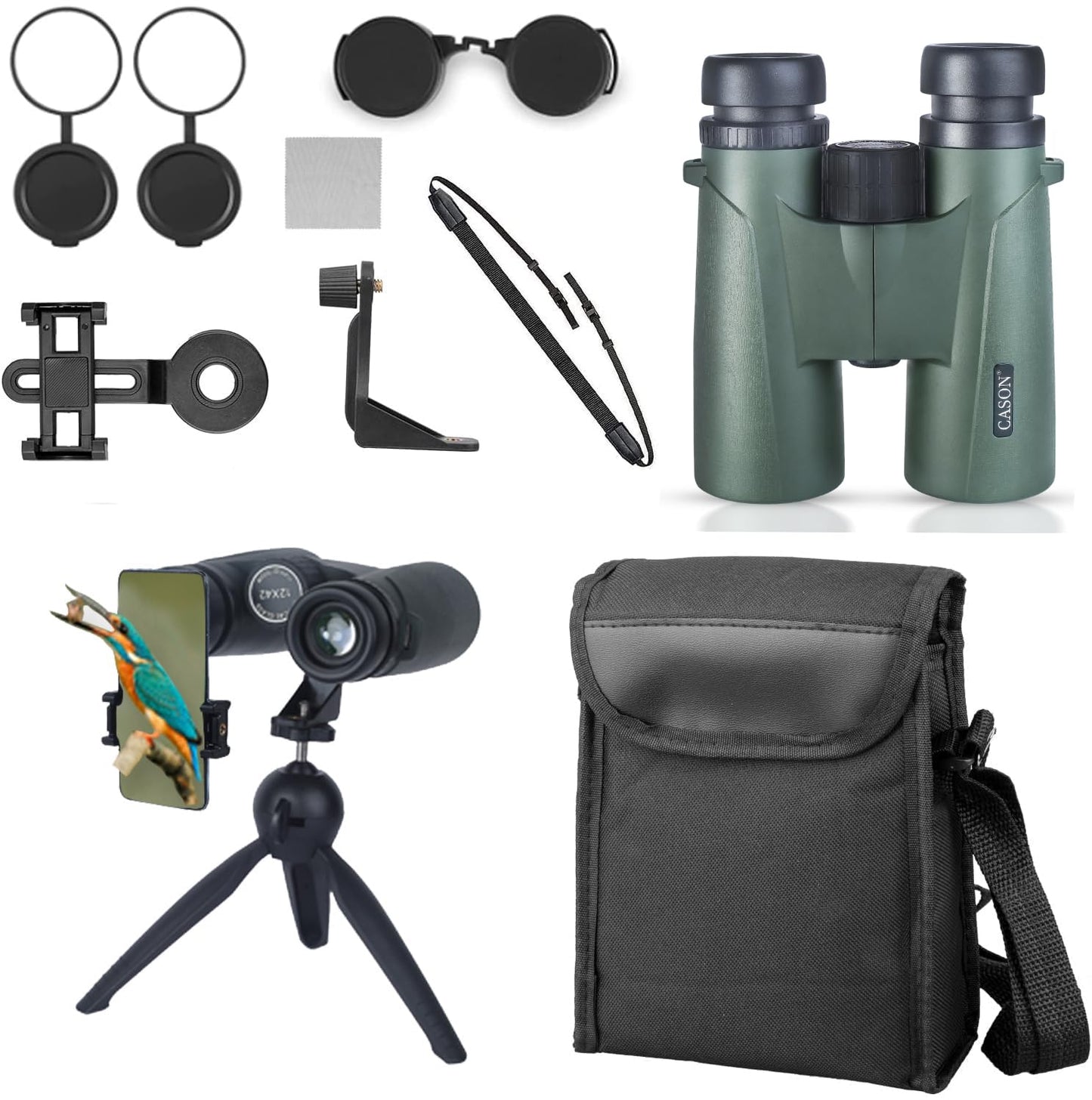 Cason -Binoculars For Long Distance,Ultra HD Binoculars For for Bird Watching,Wildlife,Safari With Phone Adapter & Tripod | Range 2000 Meter, | Zoom 12x42 | Wide Eye peice | Bright BAK 4 Glass (Green)