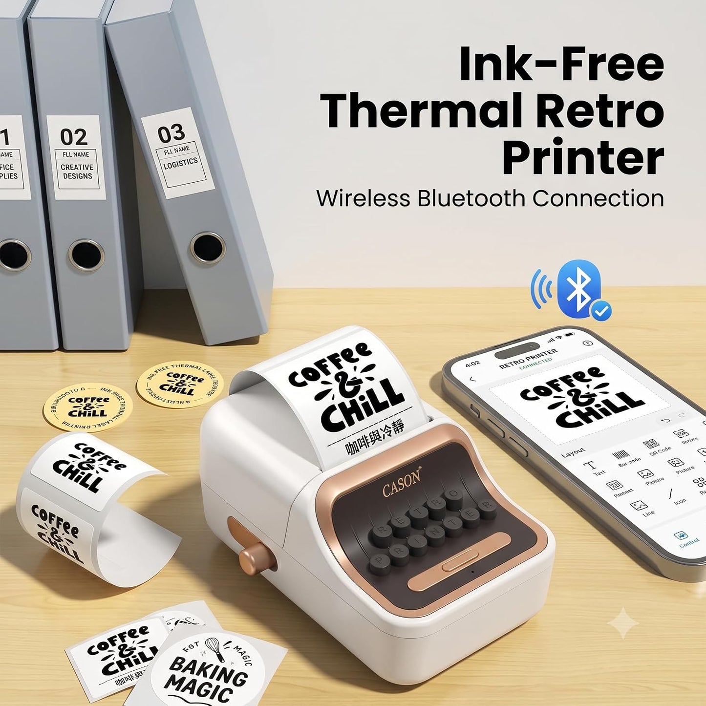 CASON Mini Label Printer Machine | Vintage Thermal Label Maker for Home, Office, Storage, Packaging & Small Business, Bottle Label Machine,30-52mm Label Adjustable Paper