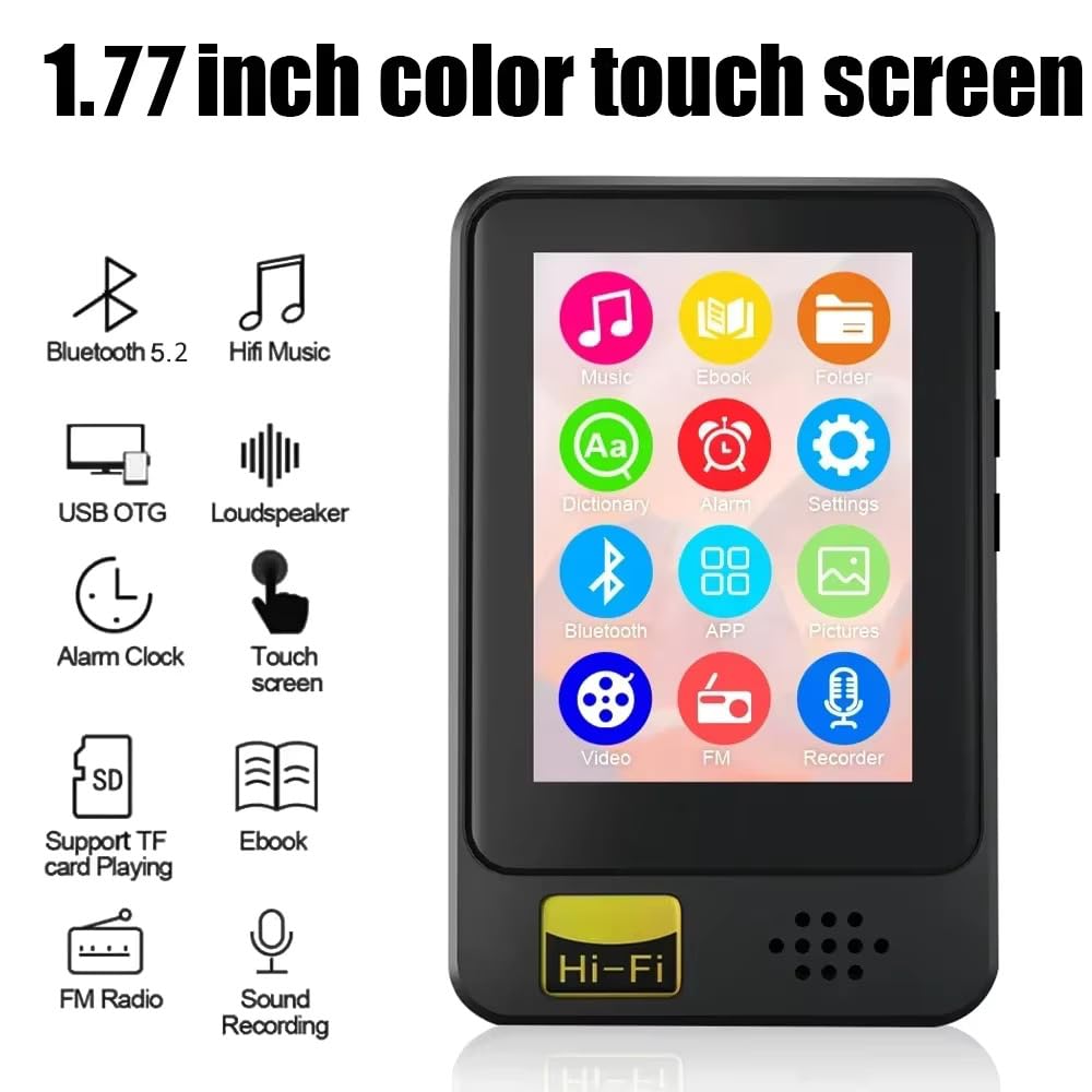 Cason 32GB Mini MP3 Music Player with Bluetooth,Touch Screen, Video Playback – Pocket-Sized MP3 Player for Voice Recording,Fm Radio & Music on the Go-Expanded Up to 128GB (Black)
