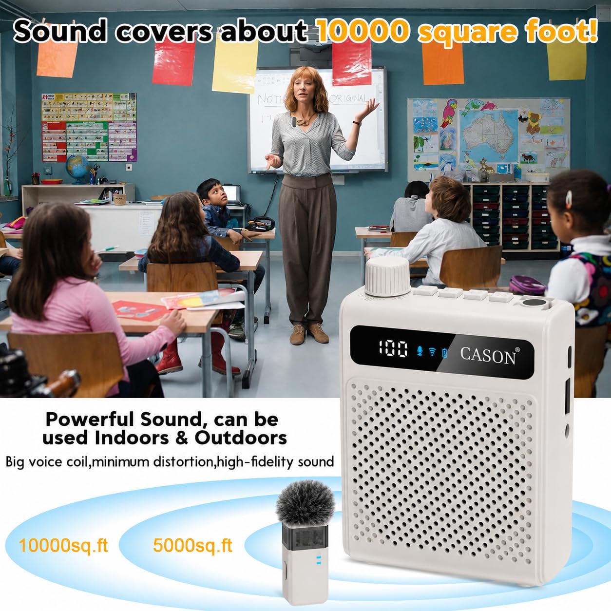 Cason Wireless Voice Amplifier for Teachers with Mic for Teaching & Speaker | Teachers Mic with Speaker Wireless for Classroom,Rechargeable Voice Amplifier with Collar Mic for Schools,Tour Guide