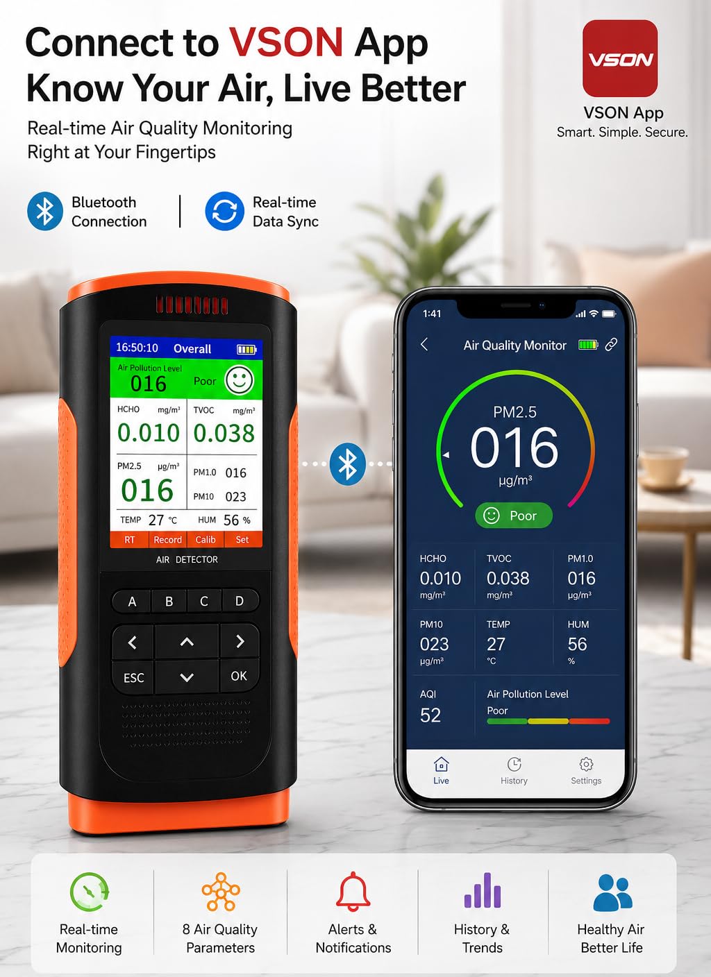 Cason Digital Air Quality Monitor for Home with App, AQI Meter with Real-Time PM2.5 Sensor, Temperature & Humidity Display, Indoor Air Quality Meter, Pollution Measuring Device