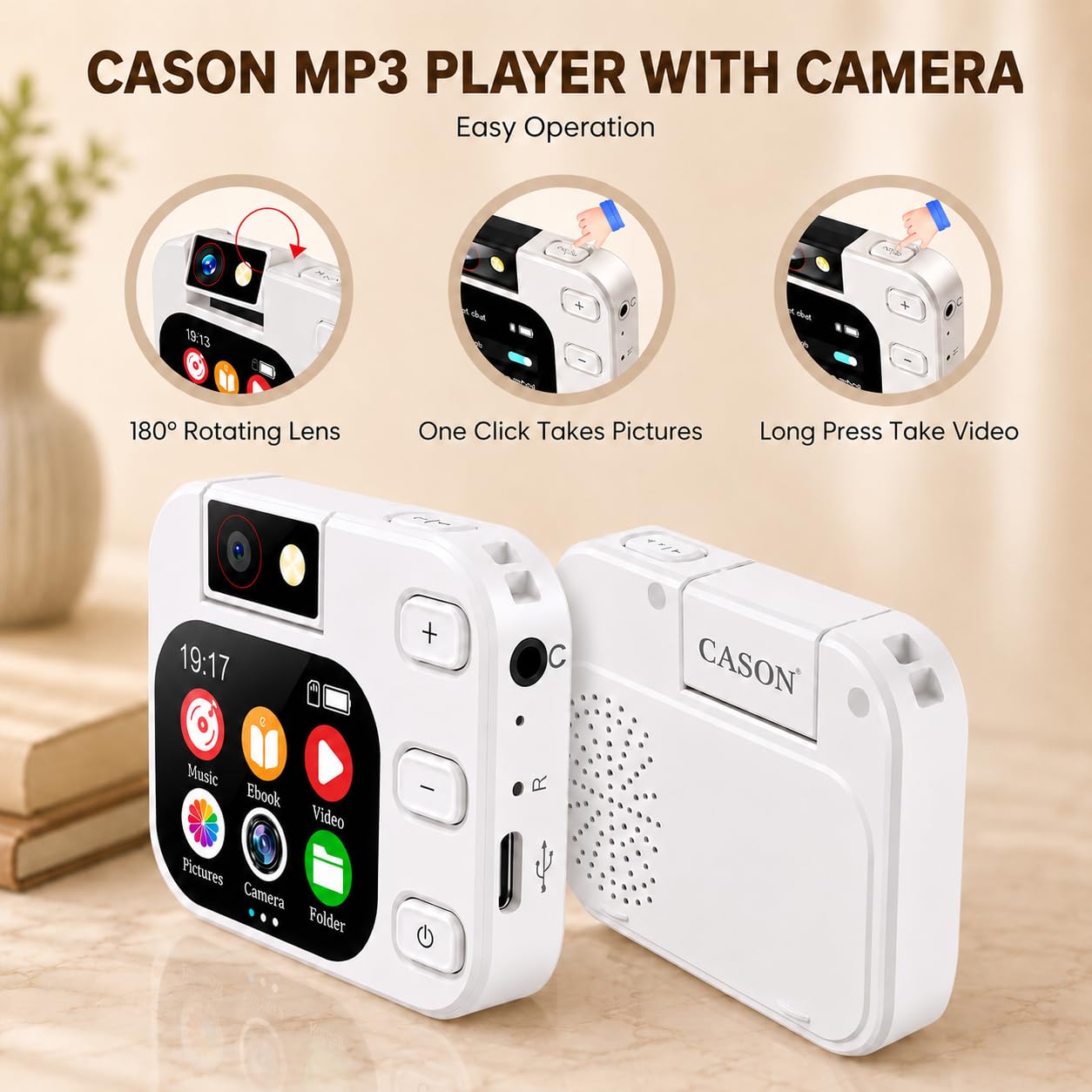 Cason Mini MP3 Music Player with Bluetooth & 180° Rotating Mini Camera,Touch Screen Audio Player with Built-in Speaker, Pocket-Sized MP3 Player with FM Radio,E-Book -Expanded Up to 128GB (White)