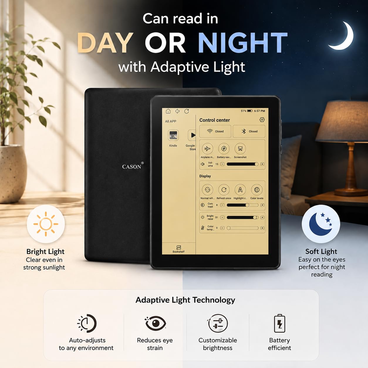 Cason E8- E-Reader Tablet with Black E-Ink Display with Adjustable Back Light –6 inch Portable Glare-Free Ebook Reader, Built-in Speaker, WiFi,Long Lasting Battery(32 GB Internal Memory)