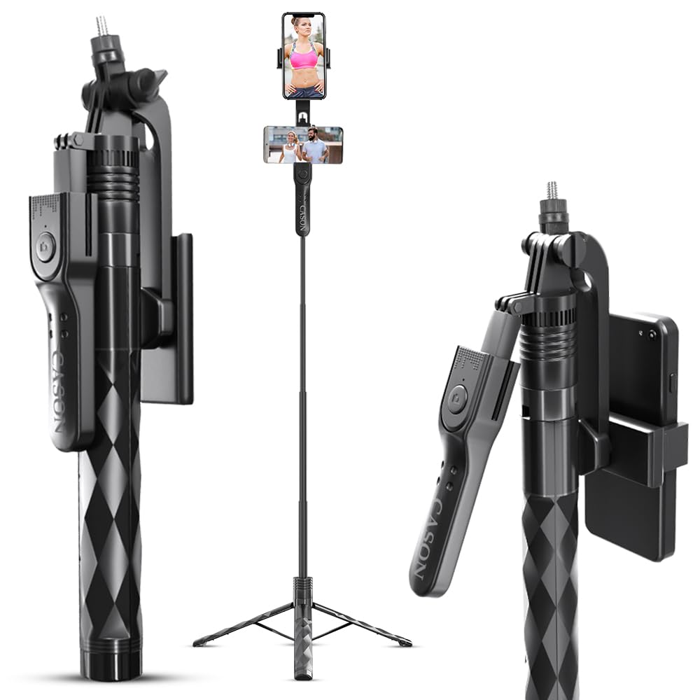 Cason Long 69 Inch Selfie Stick for iPhone & Mobile, Portable Tripod with Bluetooth Remote- Selfie Stand for 2 Mobile Phones (Horizontal,Vertical) & Camera(Black)