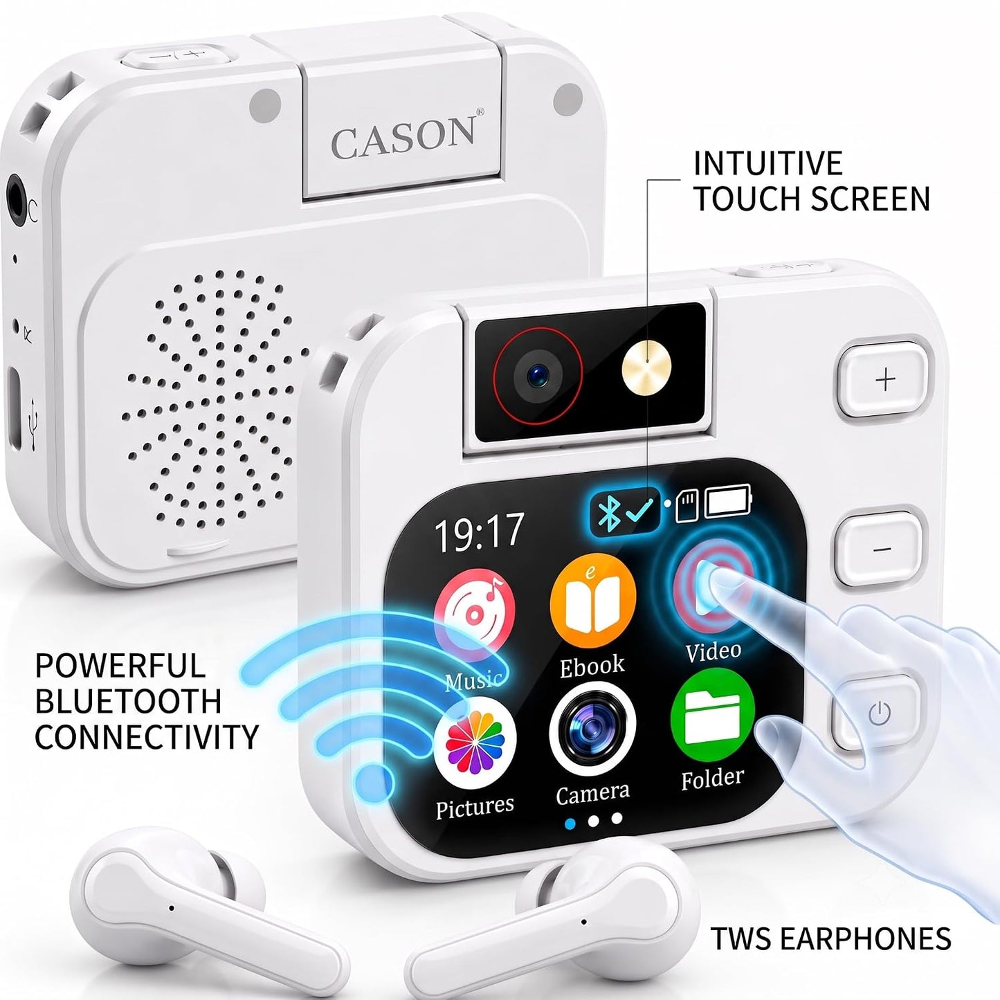 Cason Mini MP3 Music Player with Bluetooth & 180° Rotating Mini Camera,Touch Screen Audio Player with Built-in Speaker, Pocket-Sized MP3 Player with FM Radio,E-Book -Expanded Up to 128GB (White)