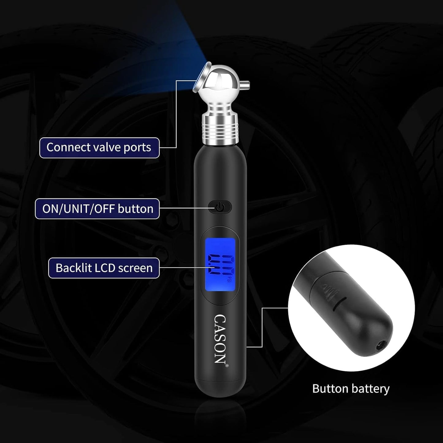 Cason Mini Digital Tyre Pressure Gauge for Cars and Bikes | Accurate Tyre Pressure Monitoring with Backlit LCD for Real-Time Readings(Black)