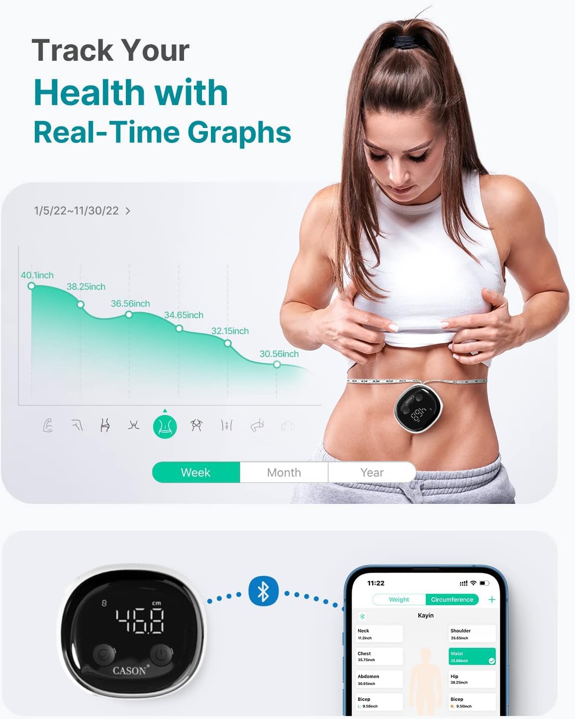 Cason Smart Digital Body Measuring Tape |Bluetooth BMI Tool,Body Fat Measurement Device With App For Fitness Graph,Auto-Retract Tape |Muscle Gain or Weight Loss Tracker for Waist/HIPS/Arms (Black)