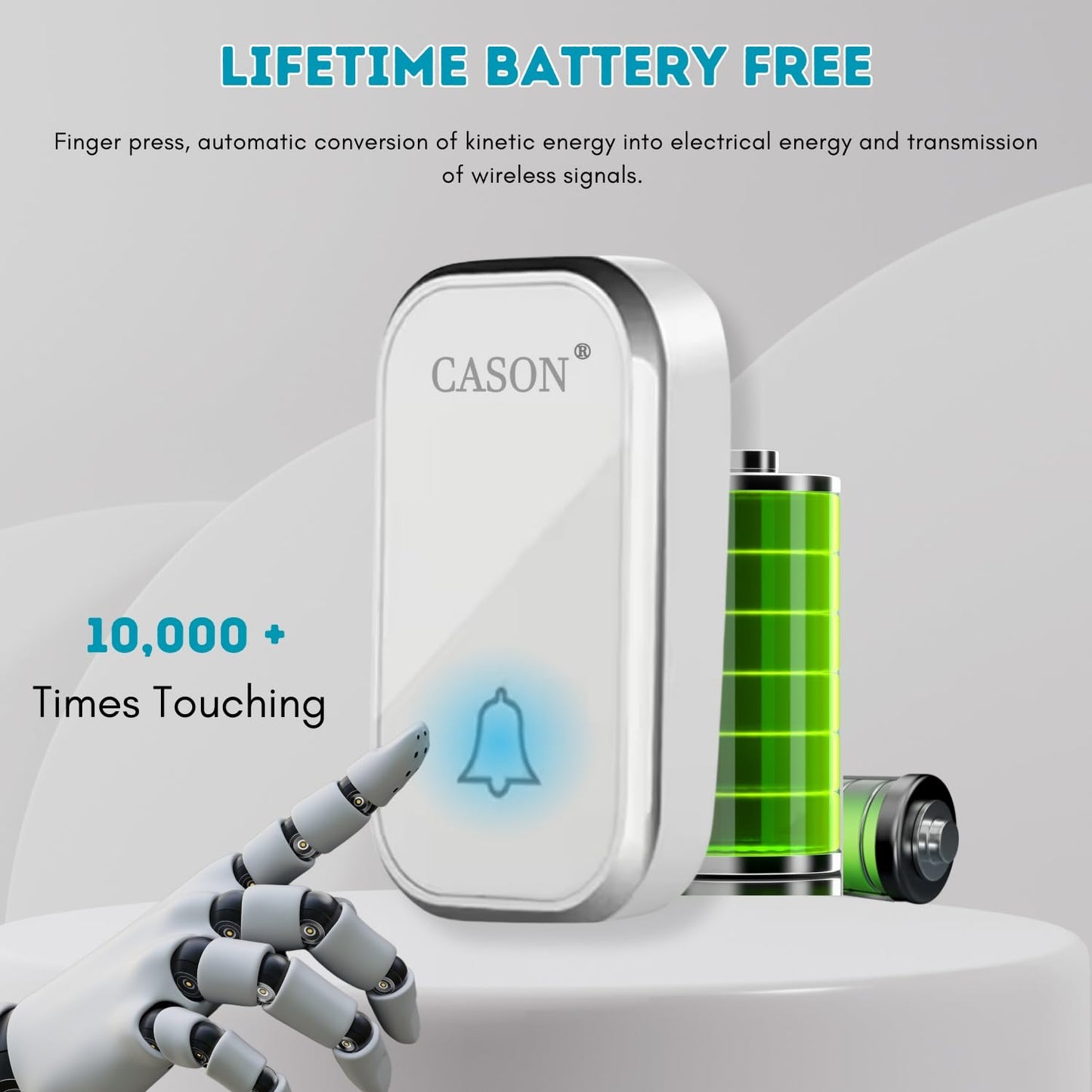 CASON - Self-Powered Battery Free Wireless Door Bell for Home Long Range/Wireless Calling Bell,Remote Bell With Socket Plug In type,up to 1000ft Range (White)