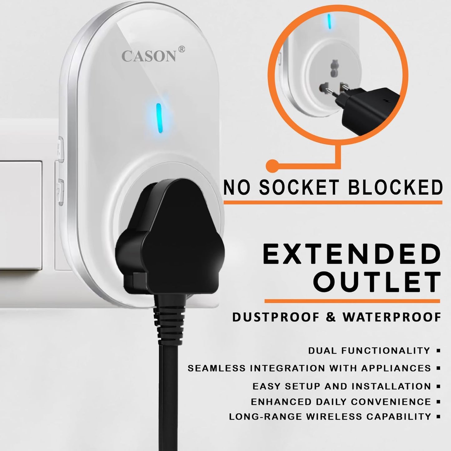 CASON - Self-Powered Battery Free Wireless Door Bell for Home Long Range/Wireless Calling Bell,Remote Bell With Socket Plug In type,up to 1000ft Range (White)