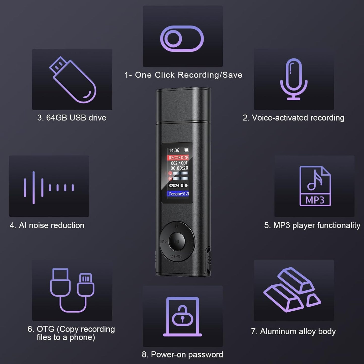Cason 32GB Voice Recorder Device with AI Noise Reduction & Mp3 Player with Earphones,Audio Recording Device/Voice Recorder Mic Upto 40 Hours for Meetings/Lectures(Black)