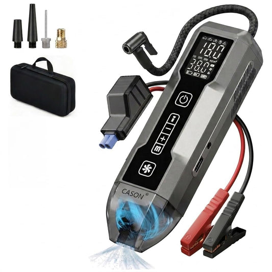 Cason 5 in 1 Portable Car Vaccum Cleaner with Tyre Inflator and Jump Starter for Car Battery, &LED Light| 8000 mAH Battery Rechargeable Jump Starter Kit with Type C Charging