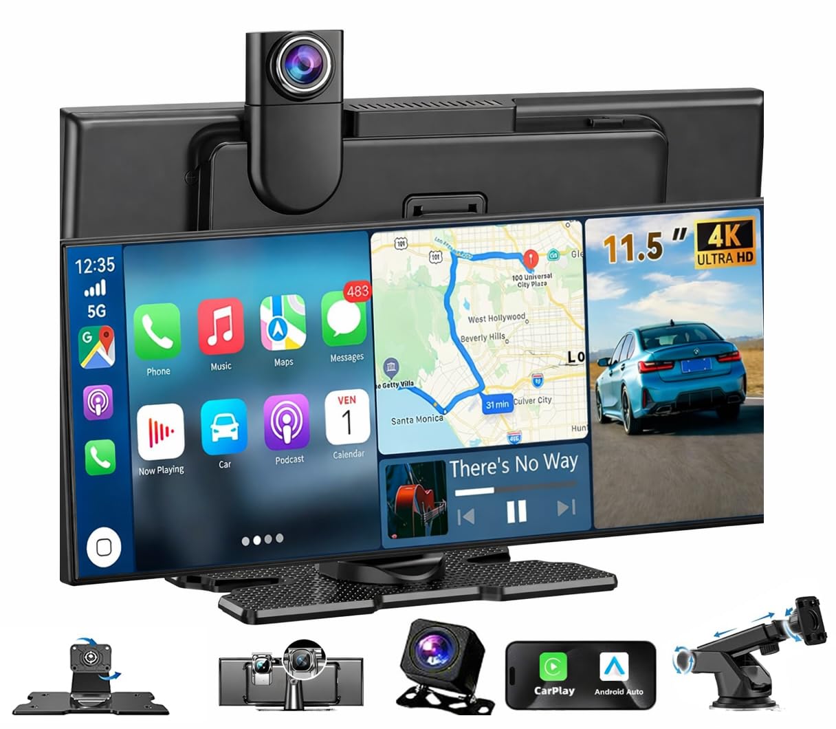 Cason Upgraded Carplay/Car Android Auto Touch Screen 11.2-Inch with 4K Dash Cam &1080p Rear Camera, Infotainment System LED Display Screen with Voice Control,BT for All Vehicles