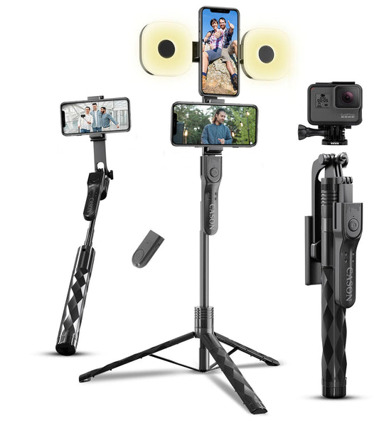 Cason Long 69 Inch Selfie Stick for iPhone & Mobile with 2 LED Lights, Portable Tripod with Bluetooth Remote- Selfie Stand for 2 Mobile Phones (Horizontal,Vertical) & Camera (Black)