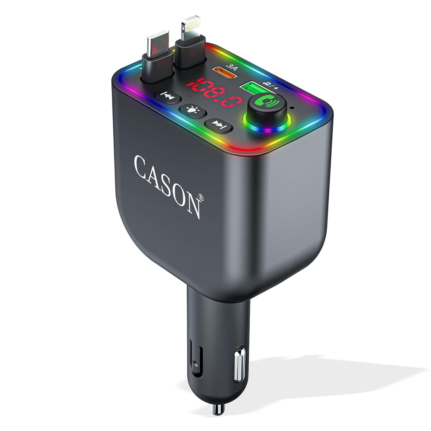 Cason Car Charger 120W Type-C Fast Charging with Bluetooth FM Transmitter- 4-in-1 Retractable Car Mobile Charger Cable with 2 USB Port, with LED Display for iPhone, Android Smartphone (Retractable)