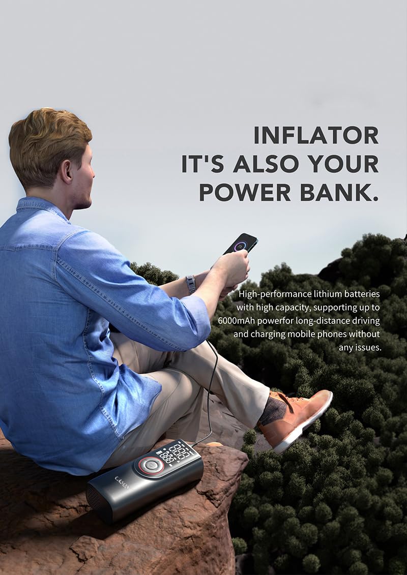 Cason Wireless + Wired (6000 mAh Battery & 12V USB Port) Tyre Inflator for Car,Bike & Cycle,2 x Faster Inflation,Car Electric Air Pump for Tyres Automatic -150 PSI with Powerbank,Air Pressure Pump