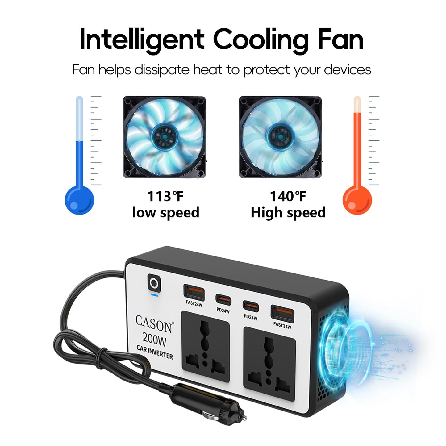 Cason -200W Car Inverter 12V to 220V, QC3.0 Fast Charging Car Laptop Charger, Power Inverter with 2 USB (3.1A Max) + 2 Type-C (24W PD),Car Socket to Plug Adapter(Black,White)