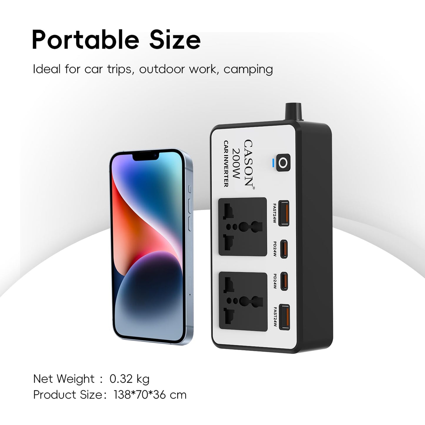 Cason -200W Car Inverter 12V to 220V, QC3.0 Fast Charging Car Laptop Charger, Power Inverter with 2 USB (3.1A Max) + 2 Type-C (24W PD),Car Socket to Plug Adapter(Black,White)