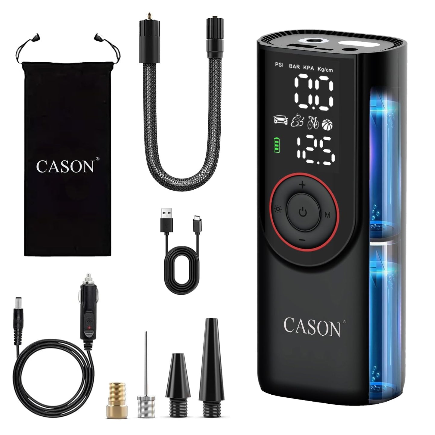 Cason Wireless + Wired (6000 mAh Battery & 12V USB Port) Tyre Inflator for Car,Bike & Cycle,2 x Faster Inflation,Car Electric Air Pump for Tyres Automatic -150 PSI with Powerbank,Air Pressure Pump