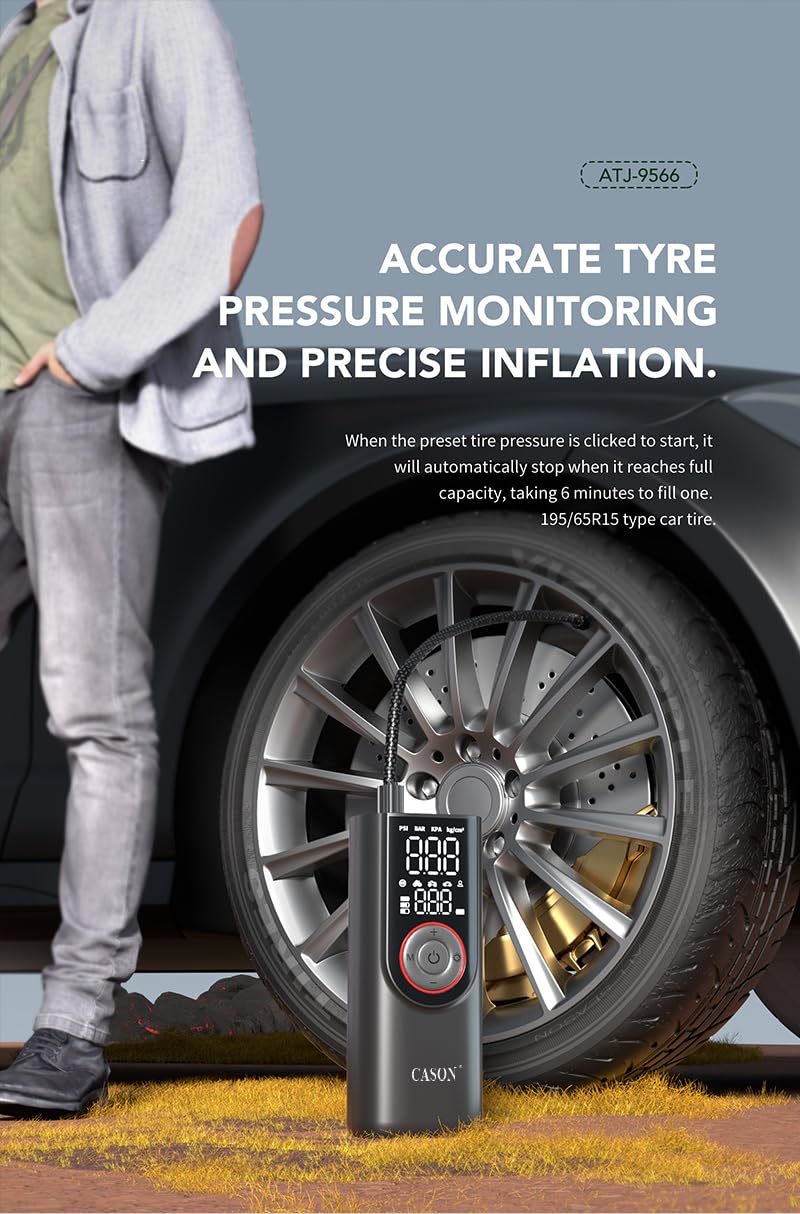 Cason Wireless + Wired (6000 mAh Battery & 12V USB Port) Tyre Inflator for Car,Bike & Cycle,2 x Faster Inflation,Car Electric Air Pump for Tyres Automatic -150 PSI with Powerbank,Air Pressure Pump