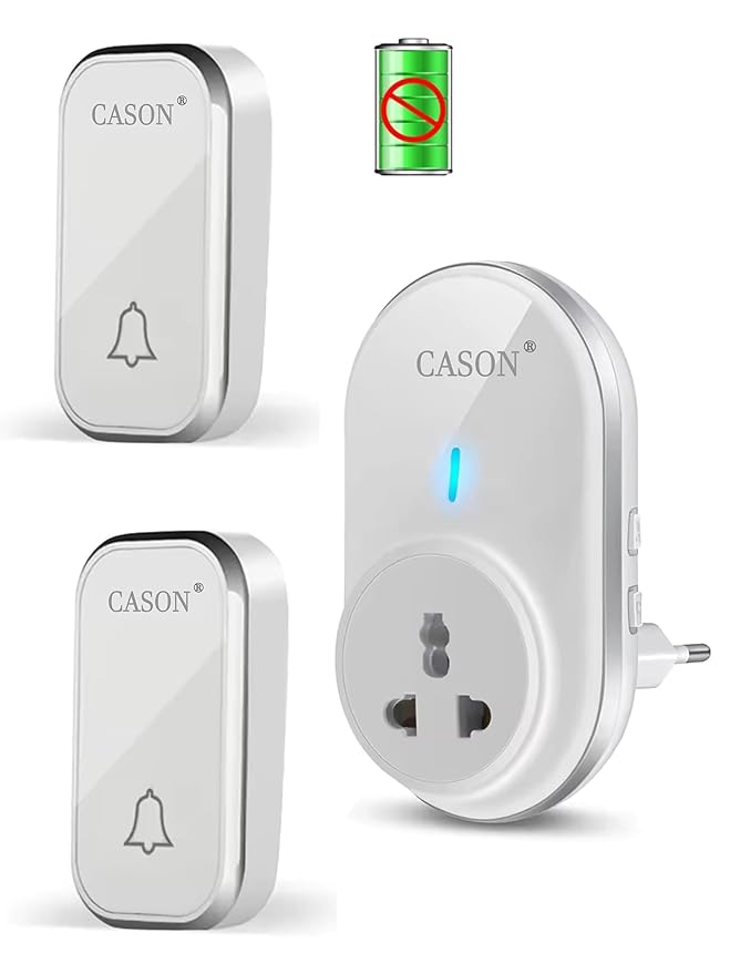 CASON - Self-Powered Battery Free Wireless Door Bell for Home Long Range/Wireless Calling Bell,Remote Bell With Socket Plug In type,up to 1000ft Range (White)
