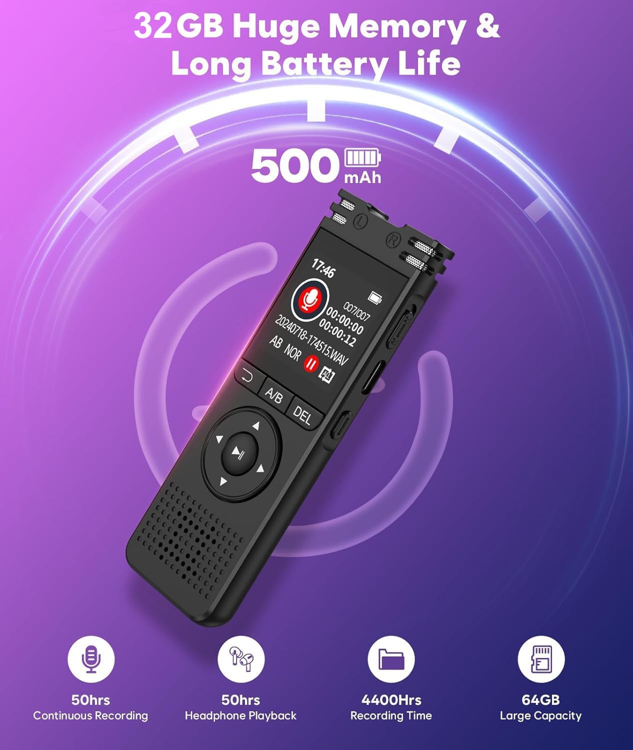 Cason 32GB Voice Recorder Device with AI Noise Reduction & Mp3 Player with Earphones,Audio Recording Device/Voice Recorder Mic Upto 50 Hours for Meetings/Lectures(Black)