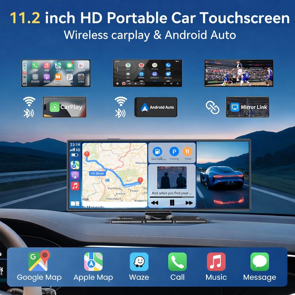 Cason Upgraded Carplay/Car Android Auto Touch Screen 11.2-Inch with 4K Dash Cam &1080p Rear Camera, Infotainment System LED Display Screen with Voice Control,BT for All Vehicles