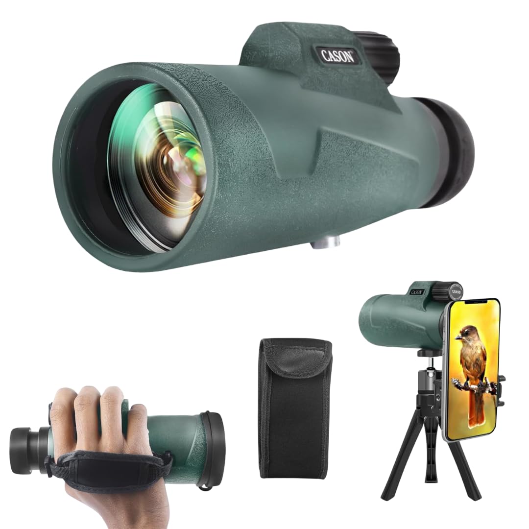Cason -12x50 Monoculars For Long Distance,High Power Monocular Telescope For Adults & Kids With Phone Adapter,Tripod & Carry Bag With BAK4 Prism,FMC Lens,Suitable for Bird Watching,Travel(Black-Green)