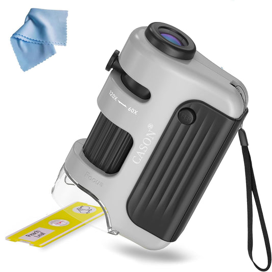 Cason Proffessional Pocket Microscope 60X-120X with 5 Prepared Slides,LED Lighted Mini Microscope for Kids, Students, Handheld Lab Microscope for Learning, Education and Science Exploration